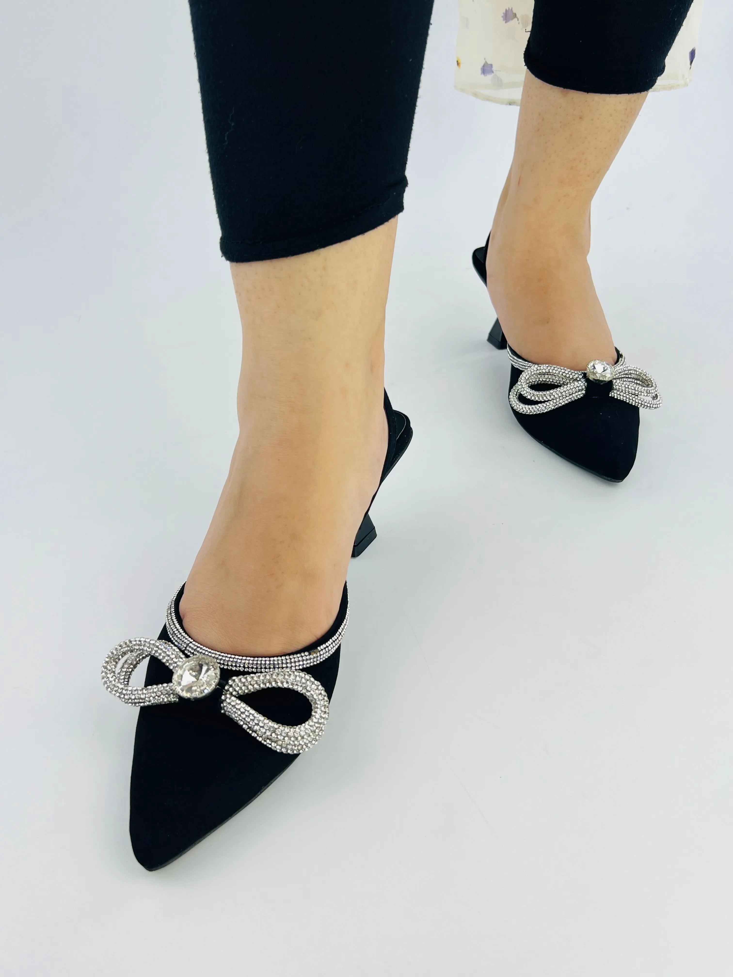 Alana Black Double Bowknot Diamond Bowtie Kitten Heel