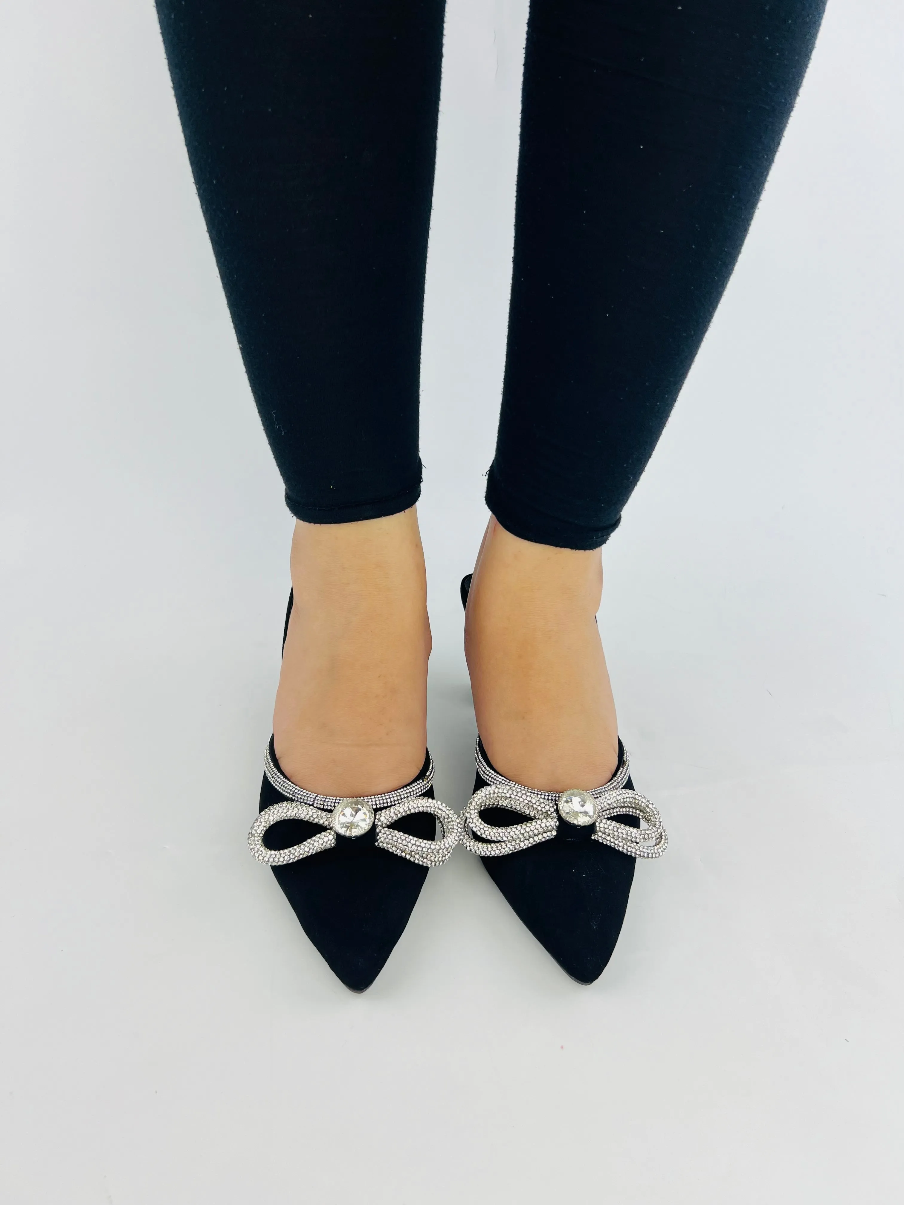 Alana Black Double Bowknot Diamond Bowtie Kitten Heel