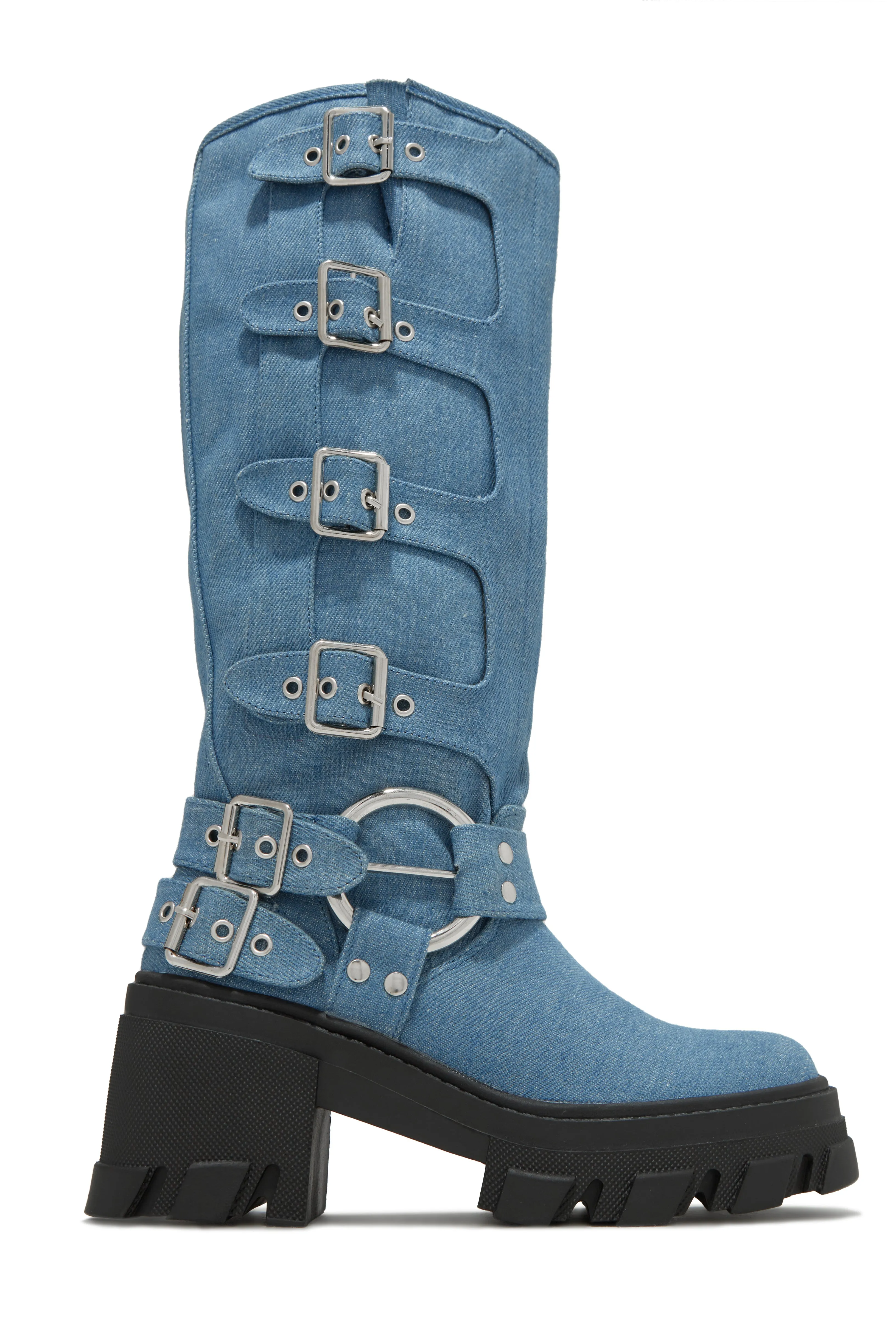 Alix Knee High Buckle Combat Boots - Denim