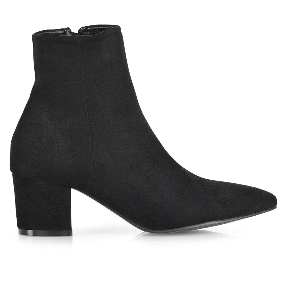 Ayda Pointed Toe inside Zip Detail Low Block Heel Ankle Boots in Black Faux Suede