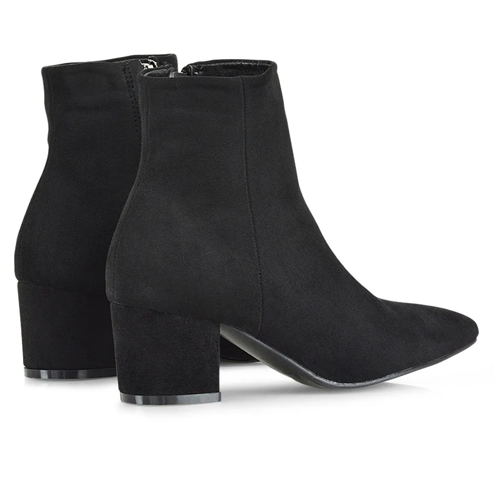 Ayda Pointed Toe inside Zip Detail Low Block Heel Ankle Boots in Black Faux Suede