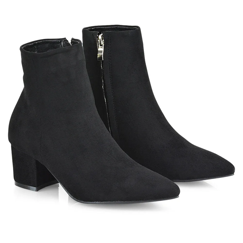 Ayda Pointed Toe inside Zip Detail Low Block Heel Ankle Boots in Black Faux Suede