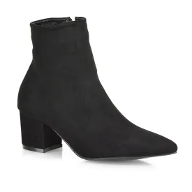 Ayda Pointed Toe inside Zip Detail Low Block Heel Ankle Boots in Black Faux Suede