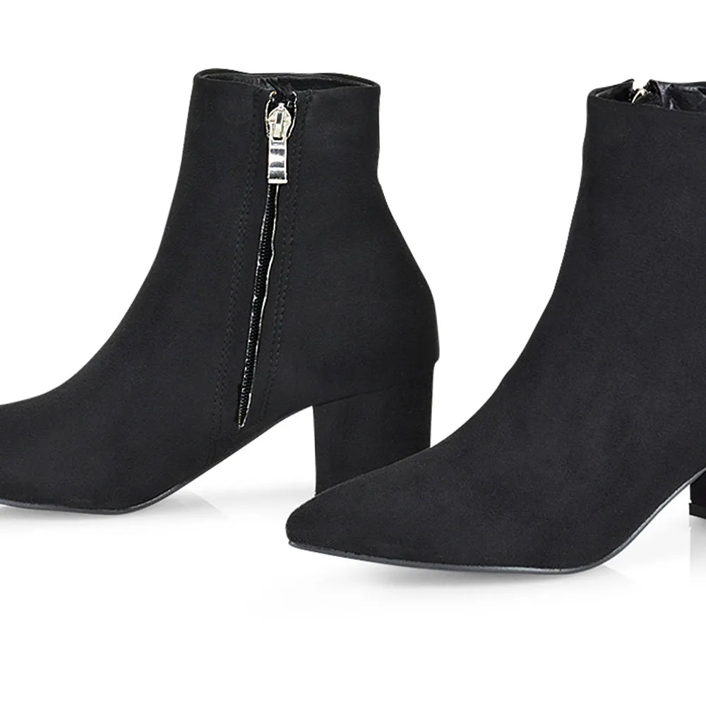 Ayda Pointed Toe inside Zip Detail Low Block Heel Ankle Boots in Black Faux Suede