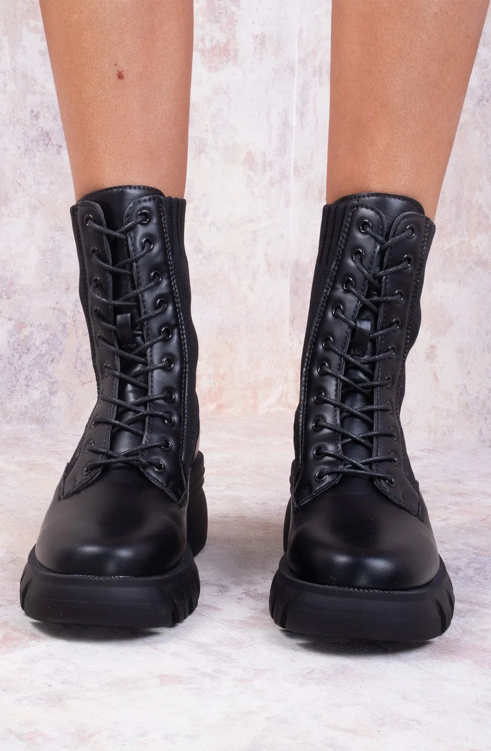 Black Knitted Chunky Sole Biker Boots