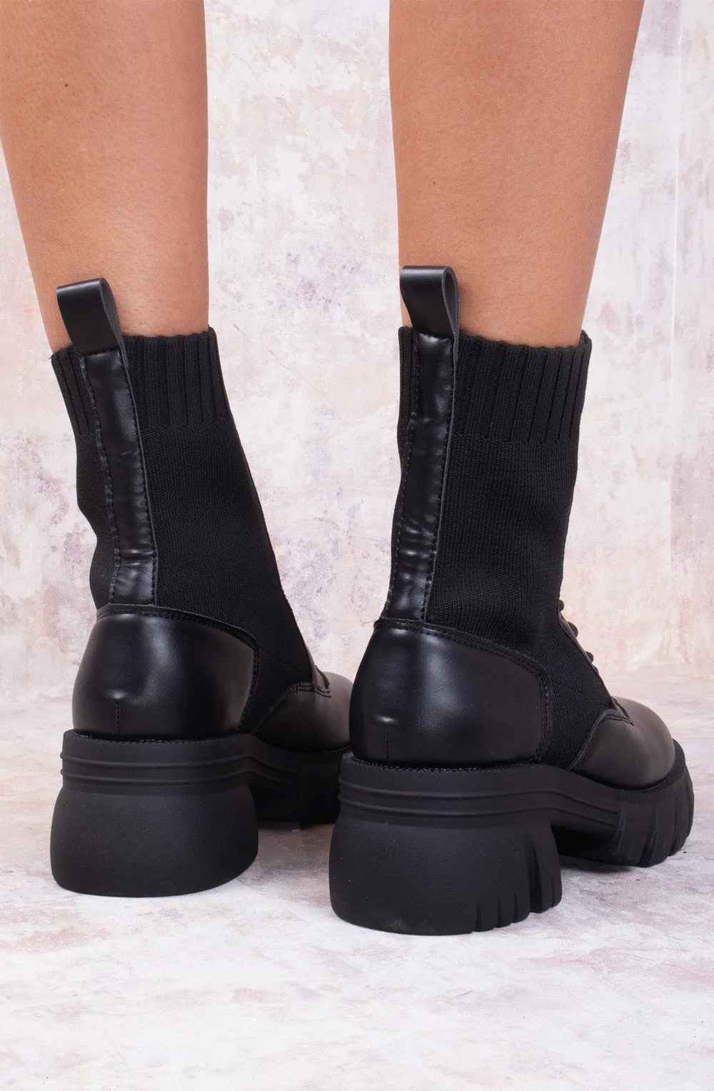 Black Knitted Chunky Sole Biker Boots