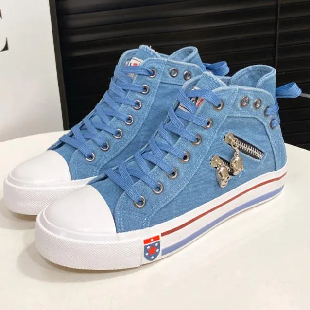 Blue denim skull canvas shoes lace-up