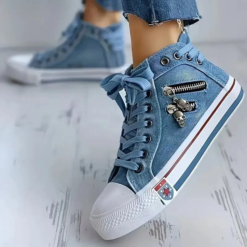 Blue denim skull canvas shoes lace-up