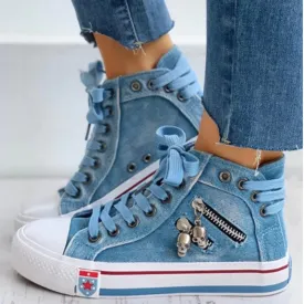 Blue denim skull canvas shoes lace-up