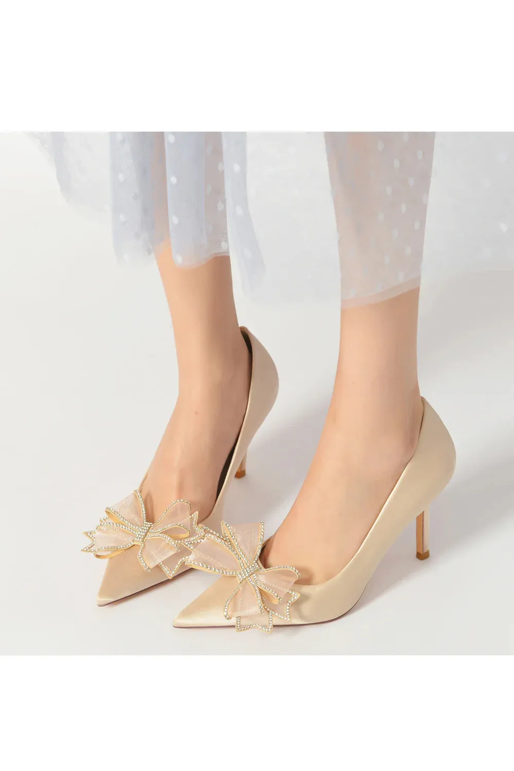 Champagne Pointed Toe Wedding Heels with Bow