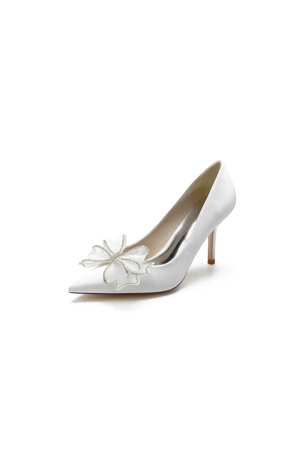 Champagne Pointed Toe Wedding Heels with Bow