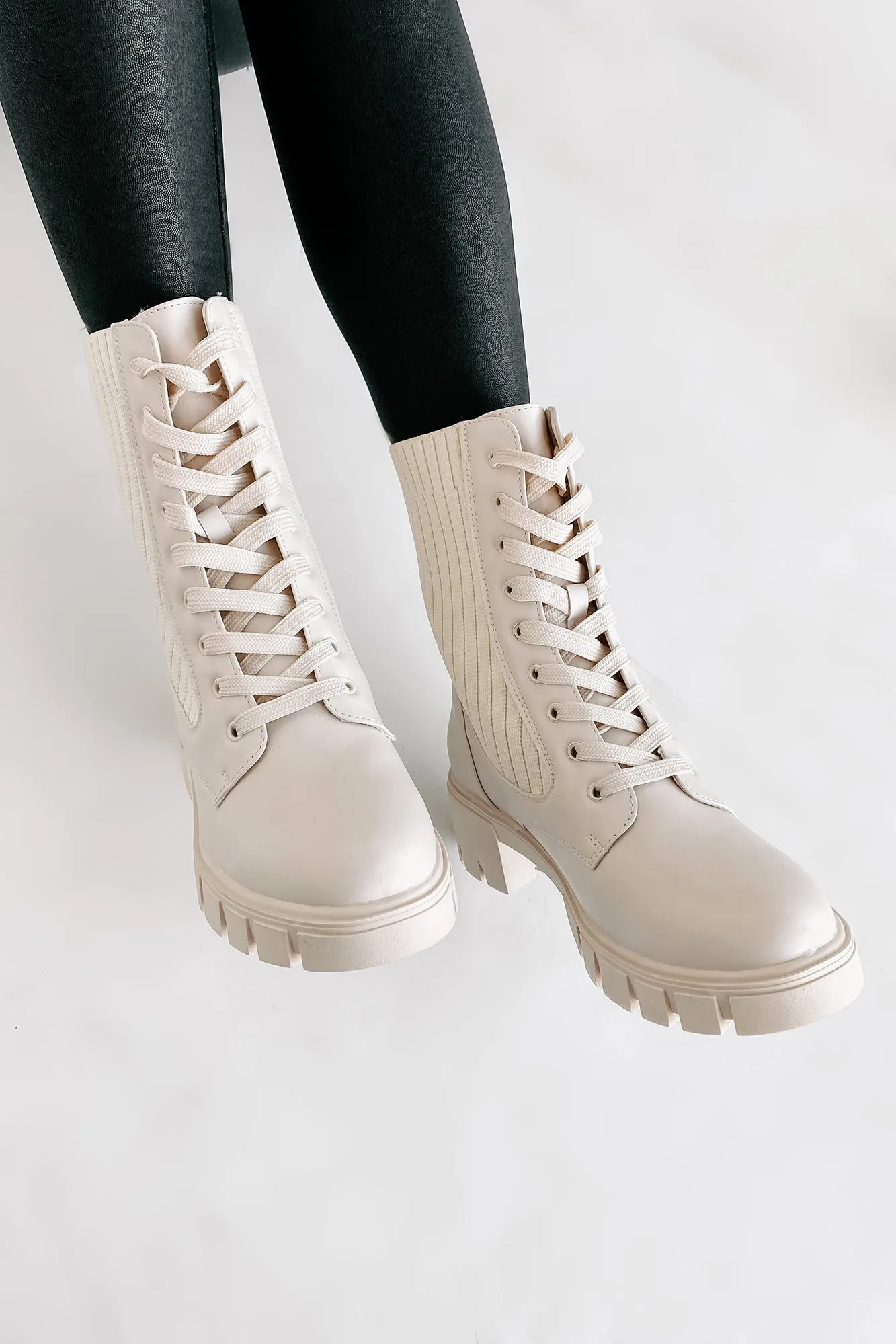 Changing The Game Ribbed Knit Lace-Up Combat Boots (Bone)