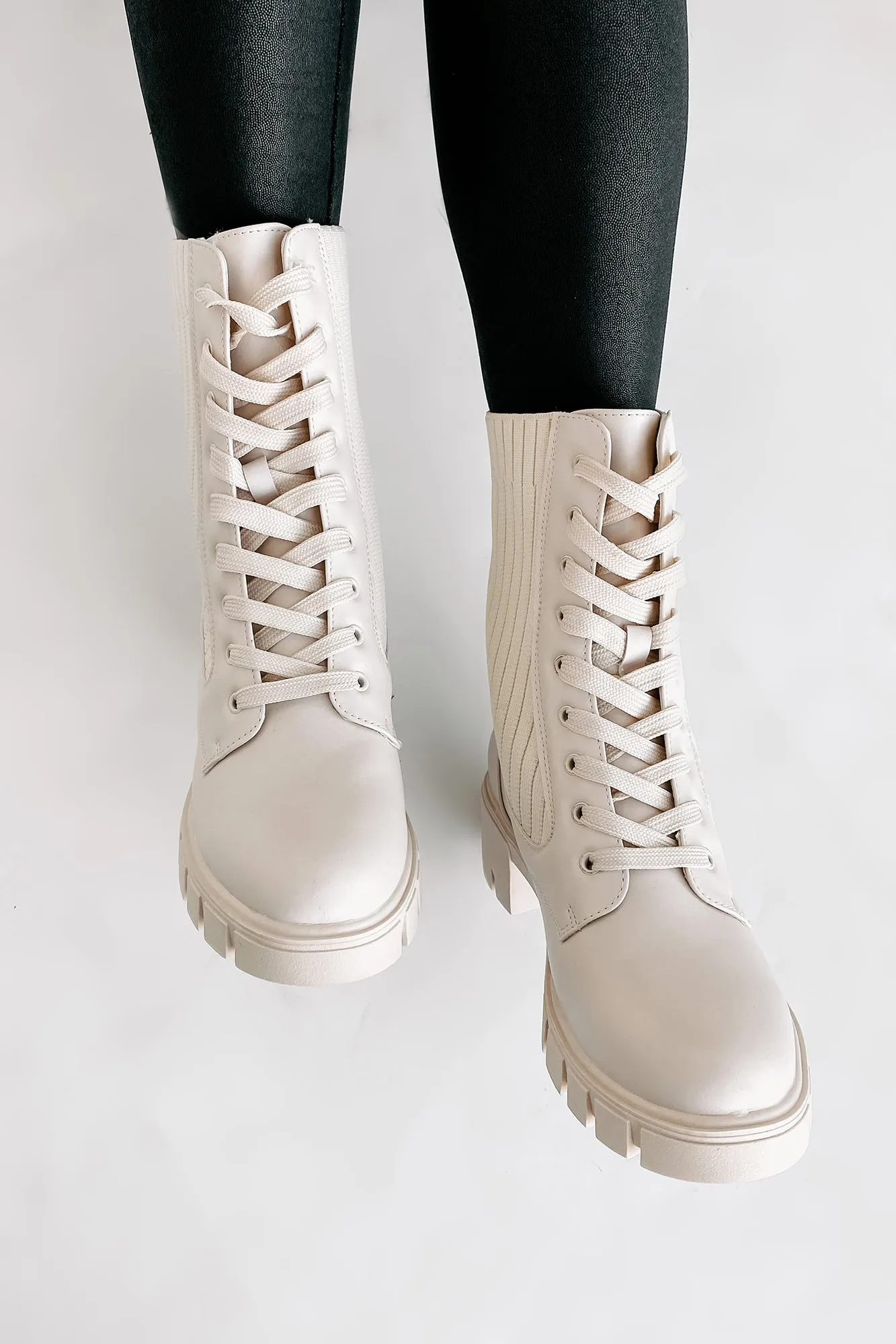 Changing The Game Ribbed Knit Lace-Up Combat Boots (Bone)