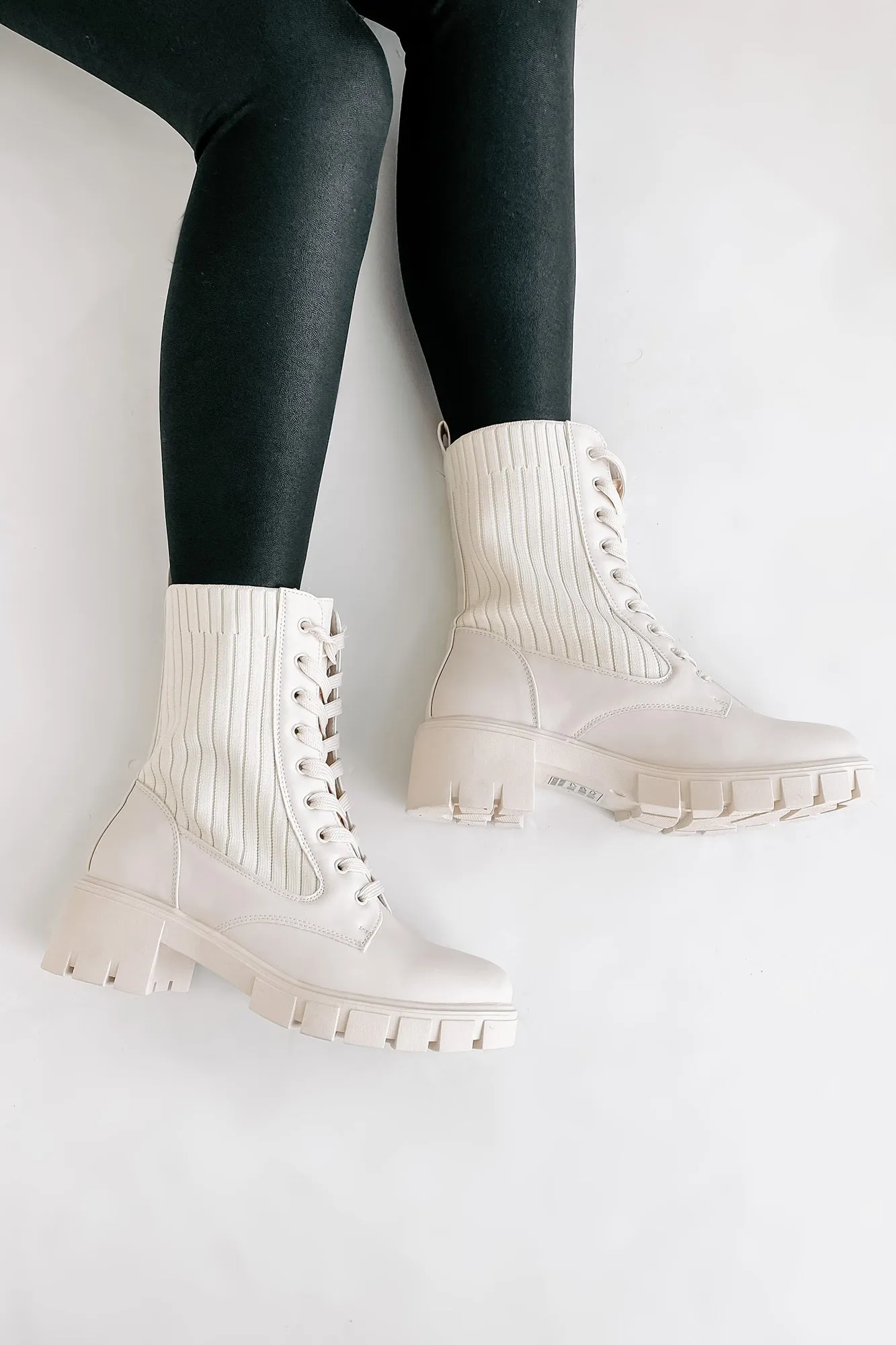 Changing The Game Ribbed Knit Lace-Up Combat Boots (Bone)