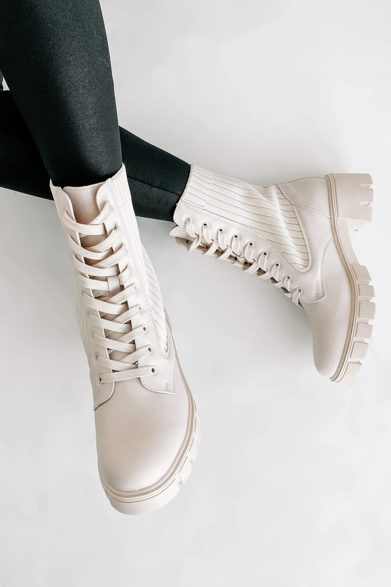 Changing The Game Ribbed Knit Lace-Up Combat Boots (Bone)