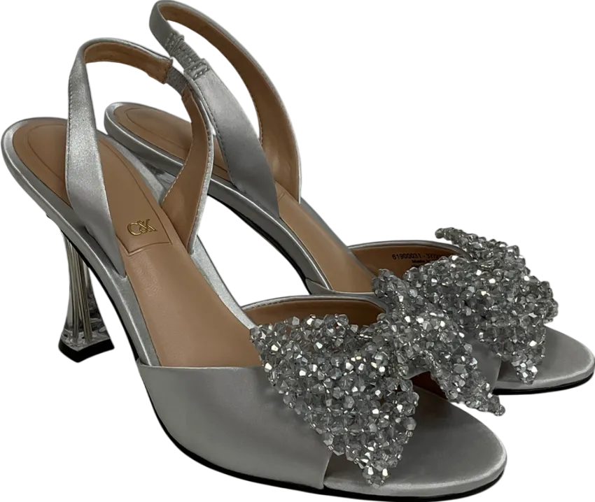 Charles & Keith Metallic Recycled Polyester Beaded Bow Slingback Pumps - Silver UK 4 EU 37 👠