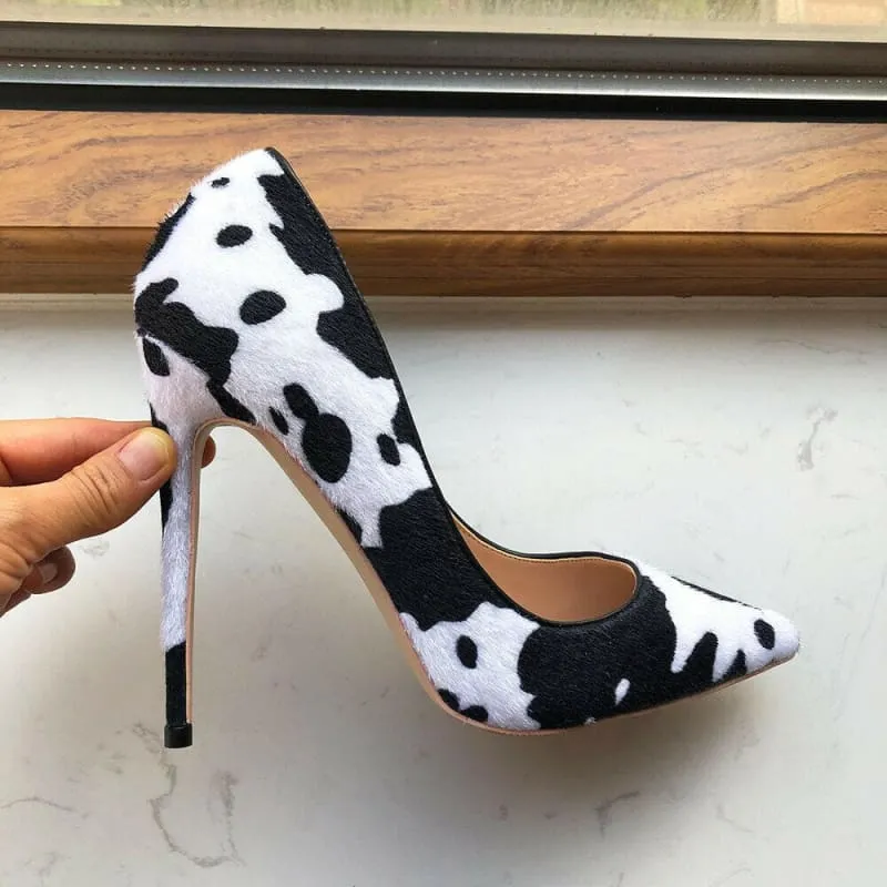 Cow Print Hairy Flock Pointed Toe High Heels