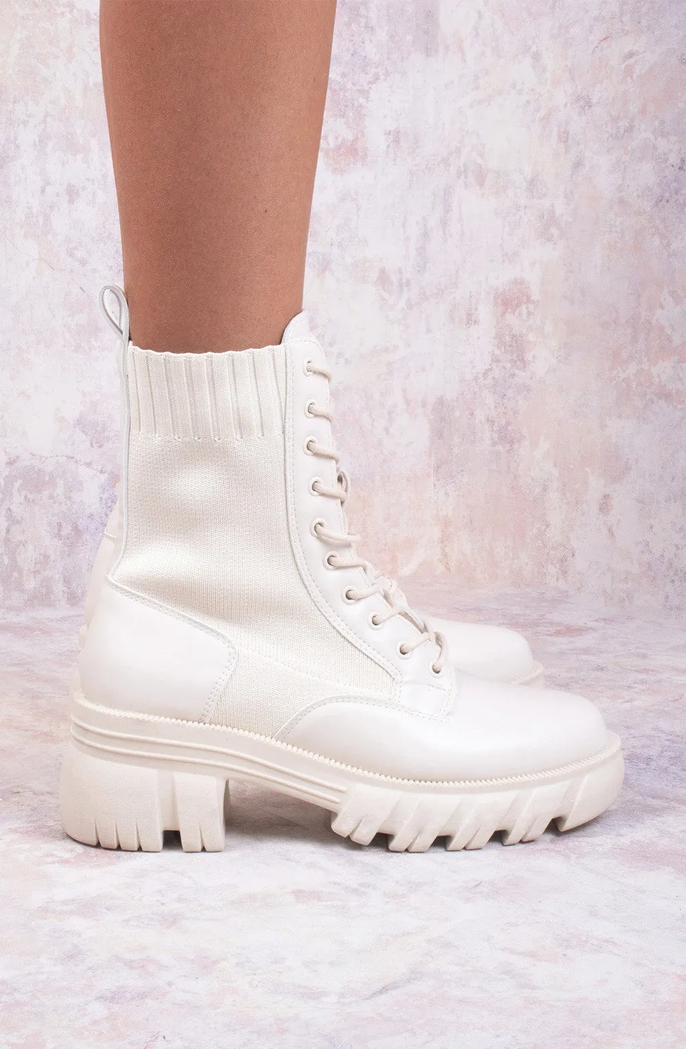 Cream Knitted Chunky Sole Biker Boots