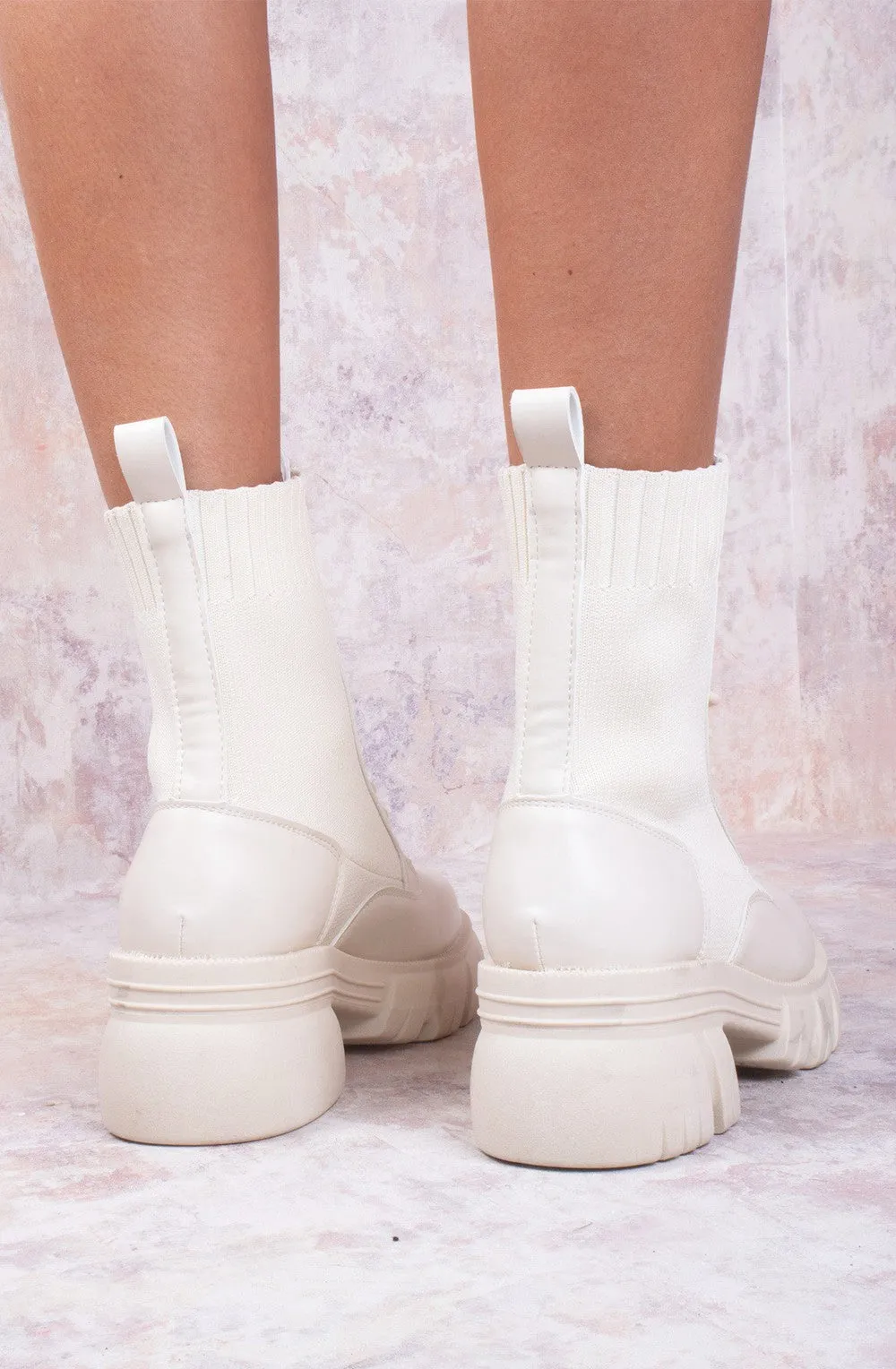 Cream Knitted Chunky Sole Biker Boots