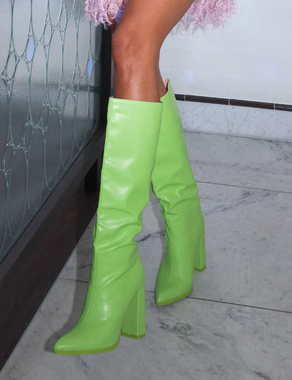 Far Away Lime Grain PU Square Toe Knee High Block Boots