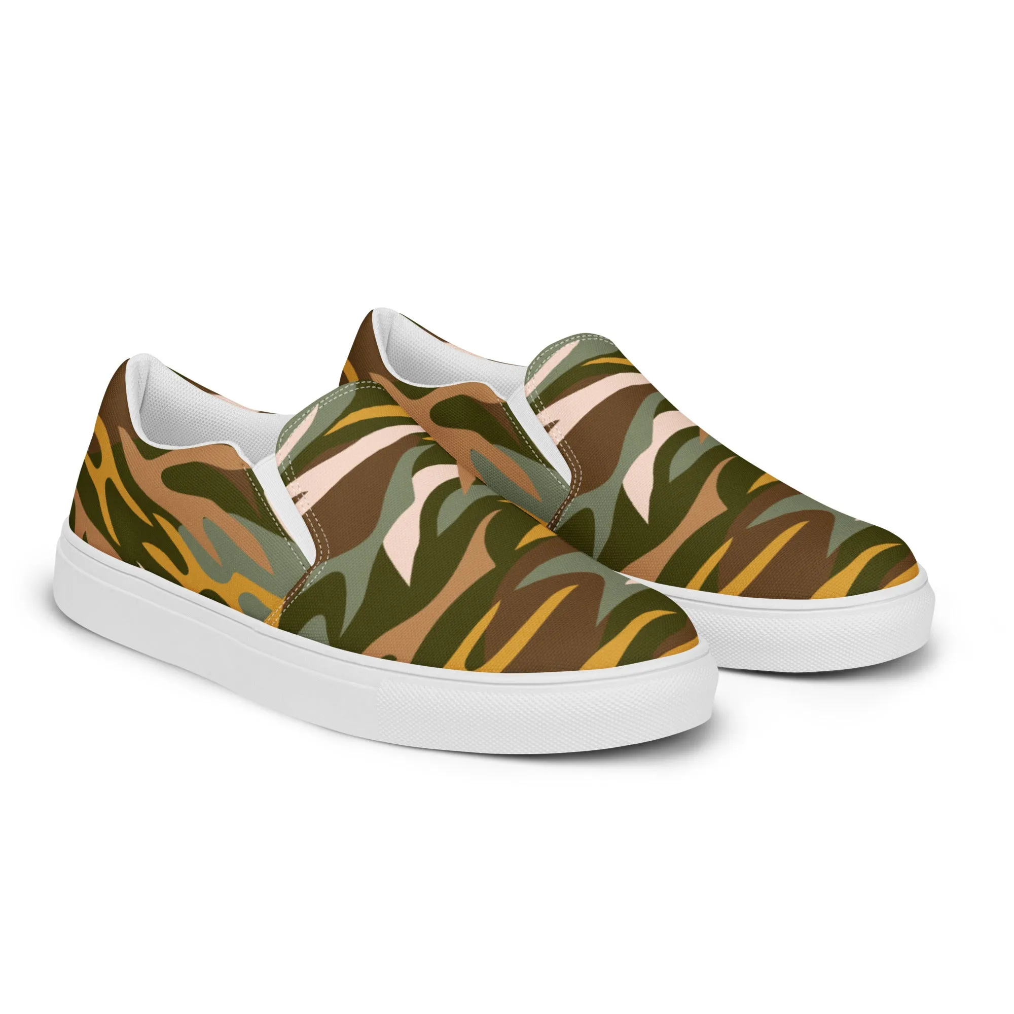 Green Camo Print Women's Sneakers, Best Women’s Slip-On Canvas Shoes, Ladies Canvas Shoes (US Size: 5-12)