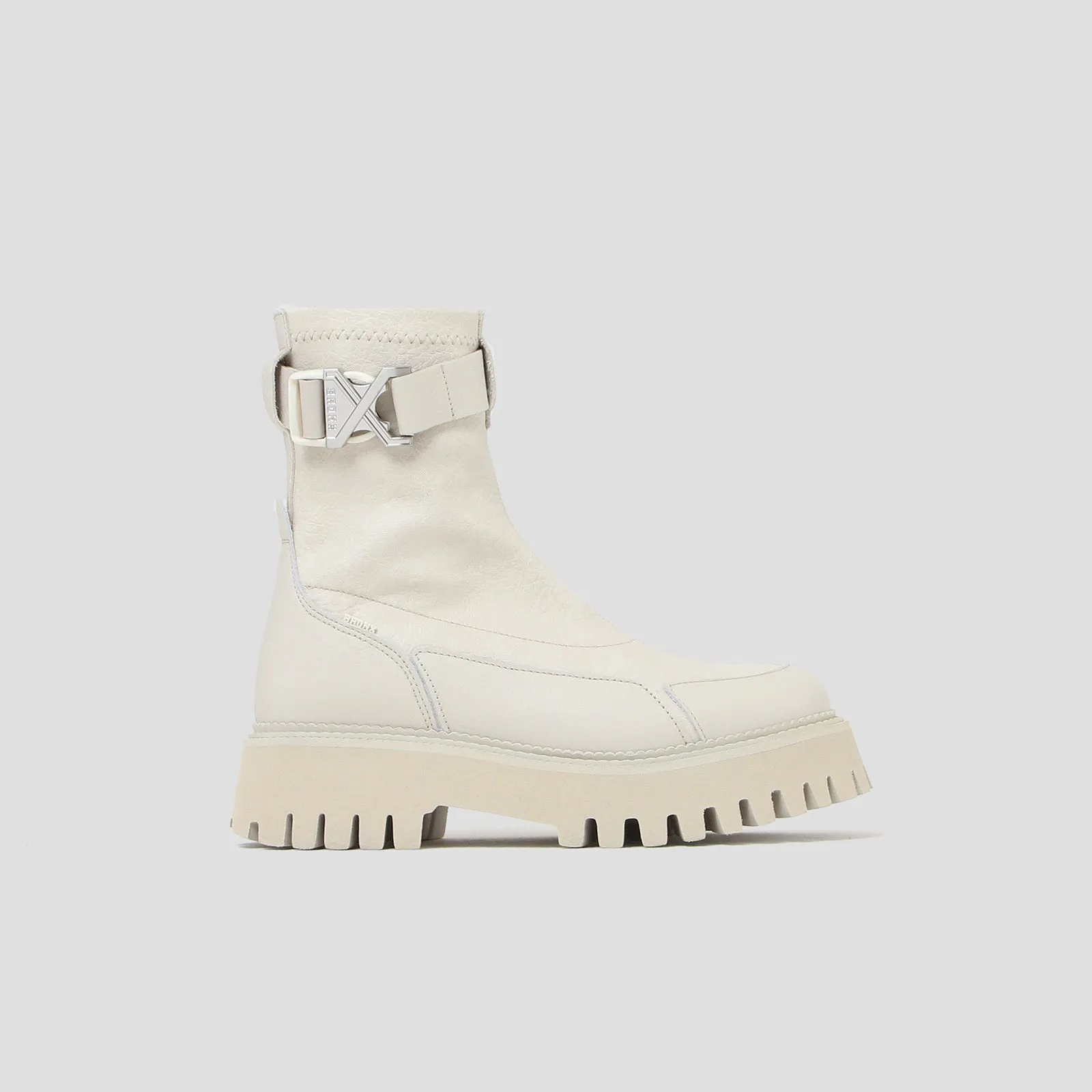 Groovy Stretch Buckle White Ankle Boots