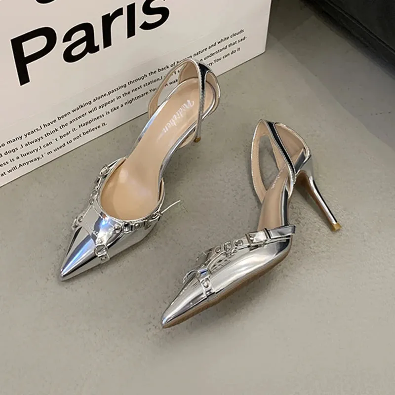 Hnzxzm Y2K Silver High Heels Pumps Women New Metal Decor Punk Goth Party Shoes Woman Pointed Toe Metallic Thin Heeled Pump Shoes