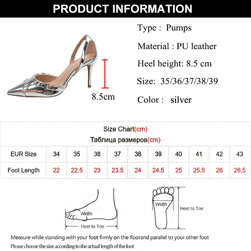 Hnzxzm Y2K Silver High Heels Pumps Women New Metal Decor Punk Goth Party Shoes Woman Pointed Toe Metallic Thin Heeled Pump Shoes