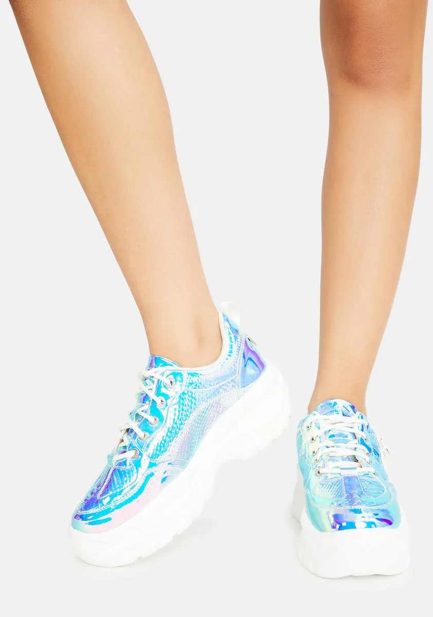 Iridescent Blue Snake Platform Sneakers