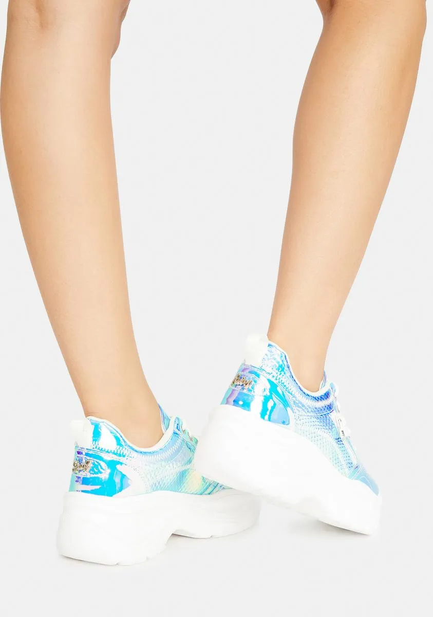 Iridescent Blue Snake Platform Sneakers