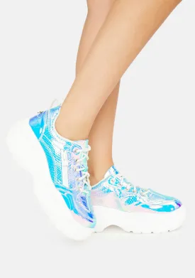 Iridescent Blue Snake Platform Sneakers