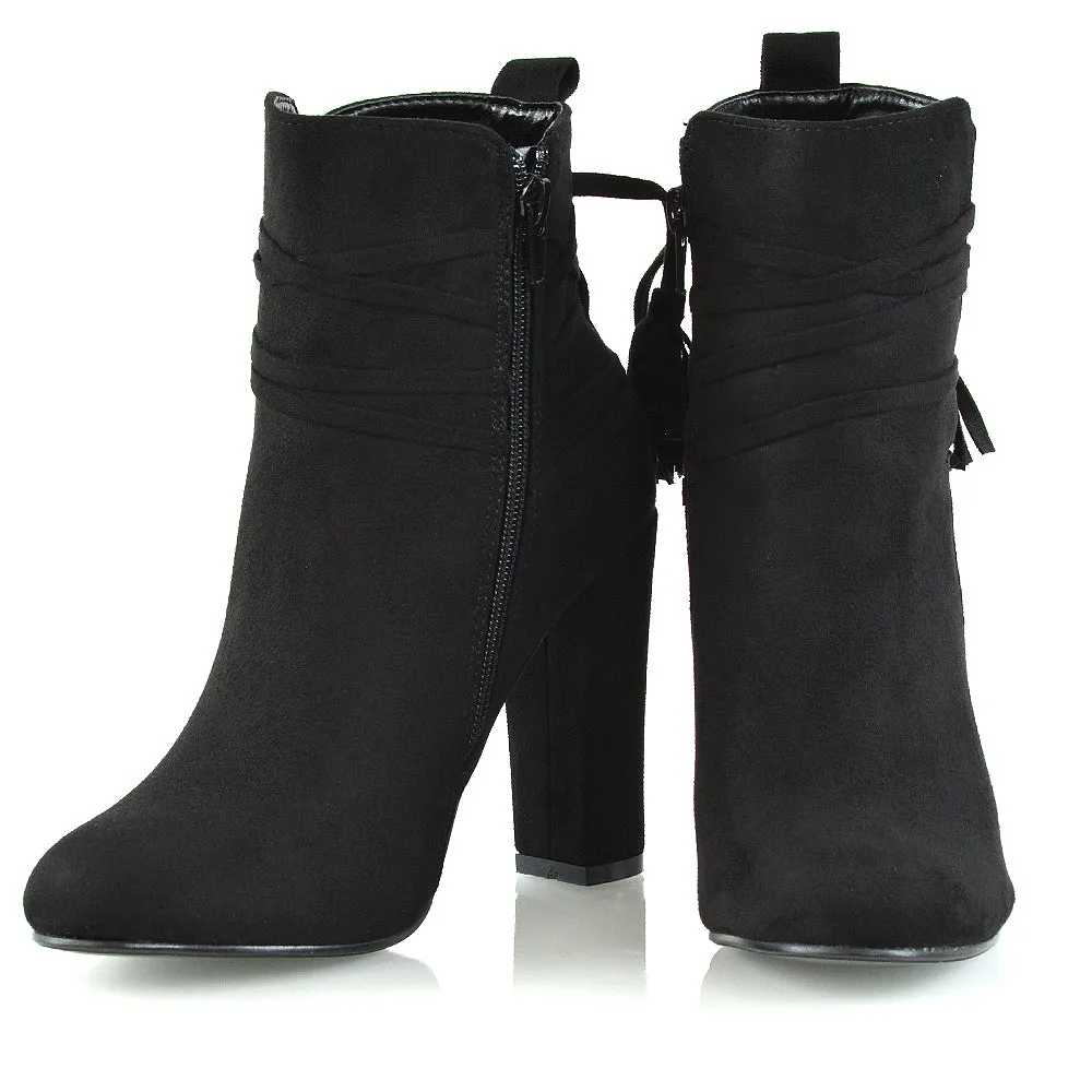 Jamie Tie up Tassel Detail Block High Heel Boots in Black Faux Suede