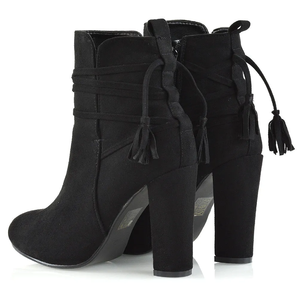 Jamie Tie up Tassel Detail Block High Heel Boots in Black Faux Suede