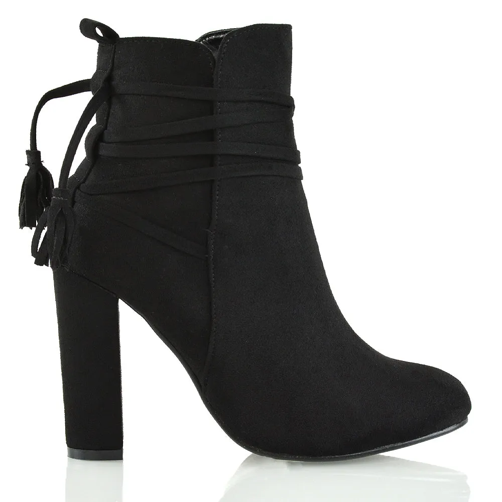 Jamie Tie up Tassel Detail Block High Heel Boots in Black Faux Suede