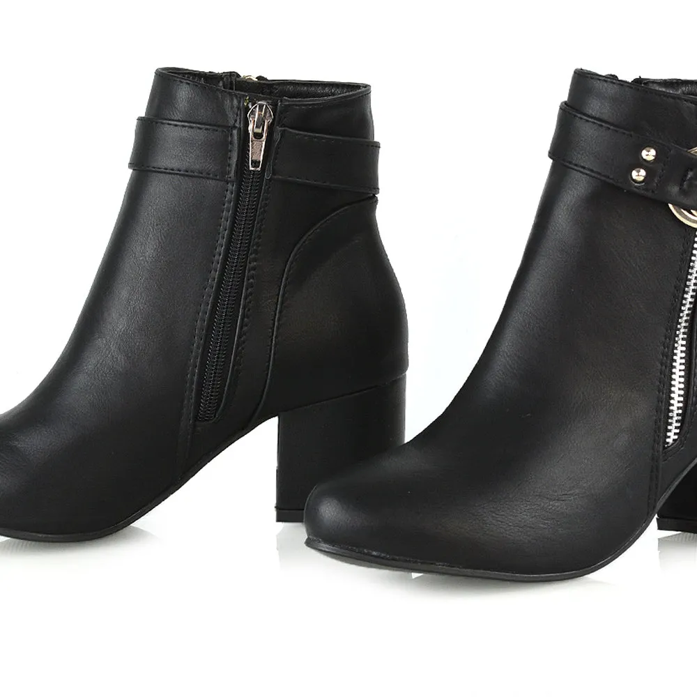 Lakesha Strap Detail Outer Zip Low Block Heeled Ankle Boots in Black Synthetic Leather