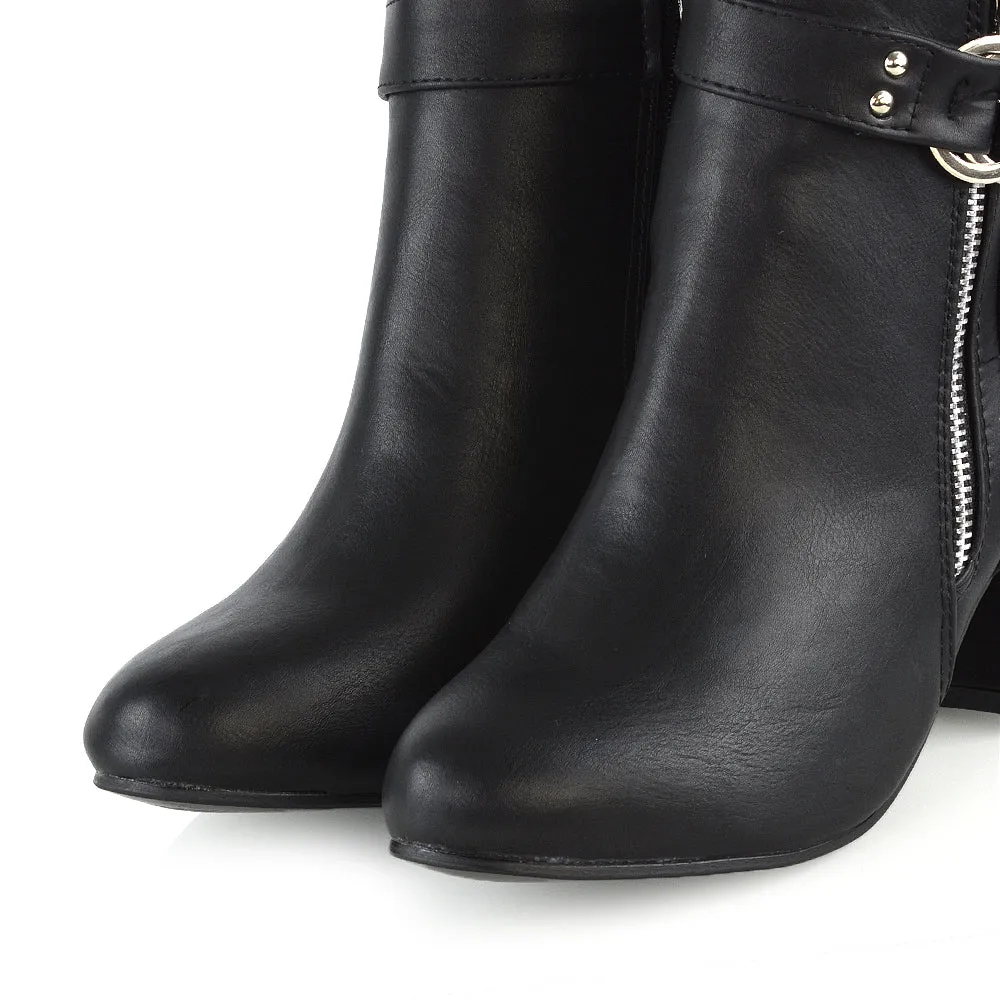 Lakesha Strap Detail Outer Zip Low Block Heeled Ankle Boots in Black Synthetic Leather