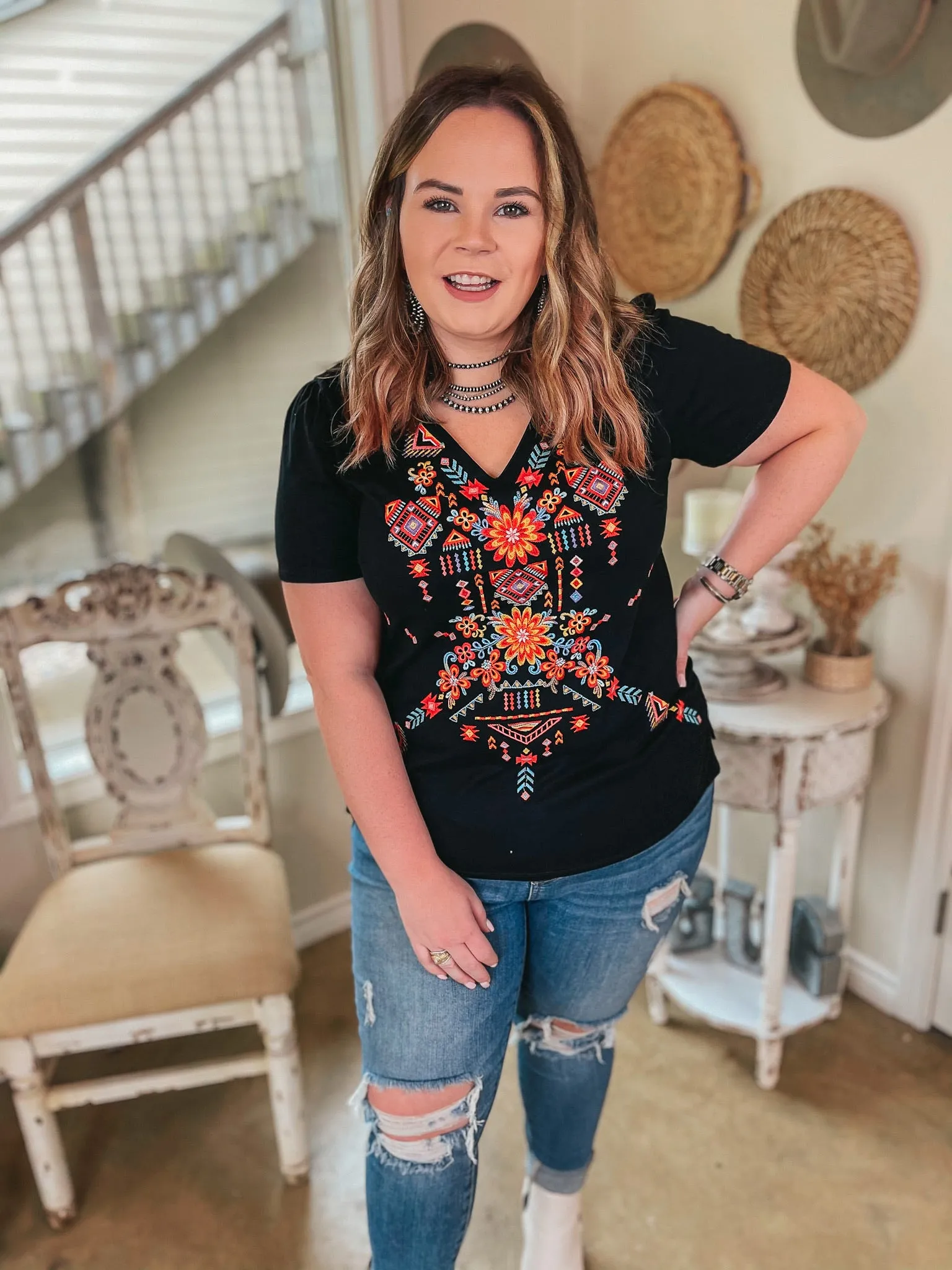 Last Chance Size Small & Medium | Southwest Senorita Embroidered Short Sleeve V Neck Top in Black