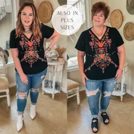 Last Chance Size Small & Medium | Southwest Senorita Embroidered Short Sleeve V Neck Top in Black