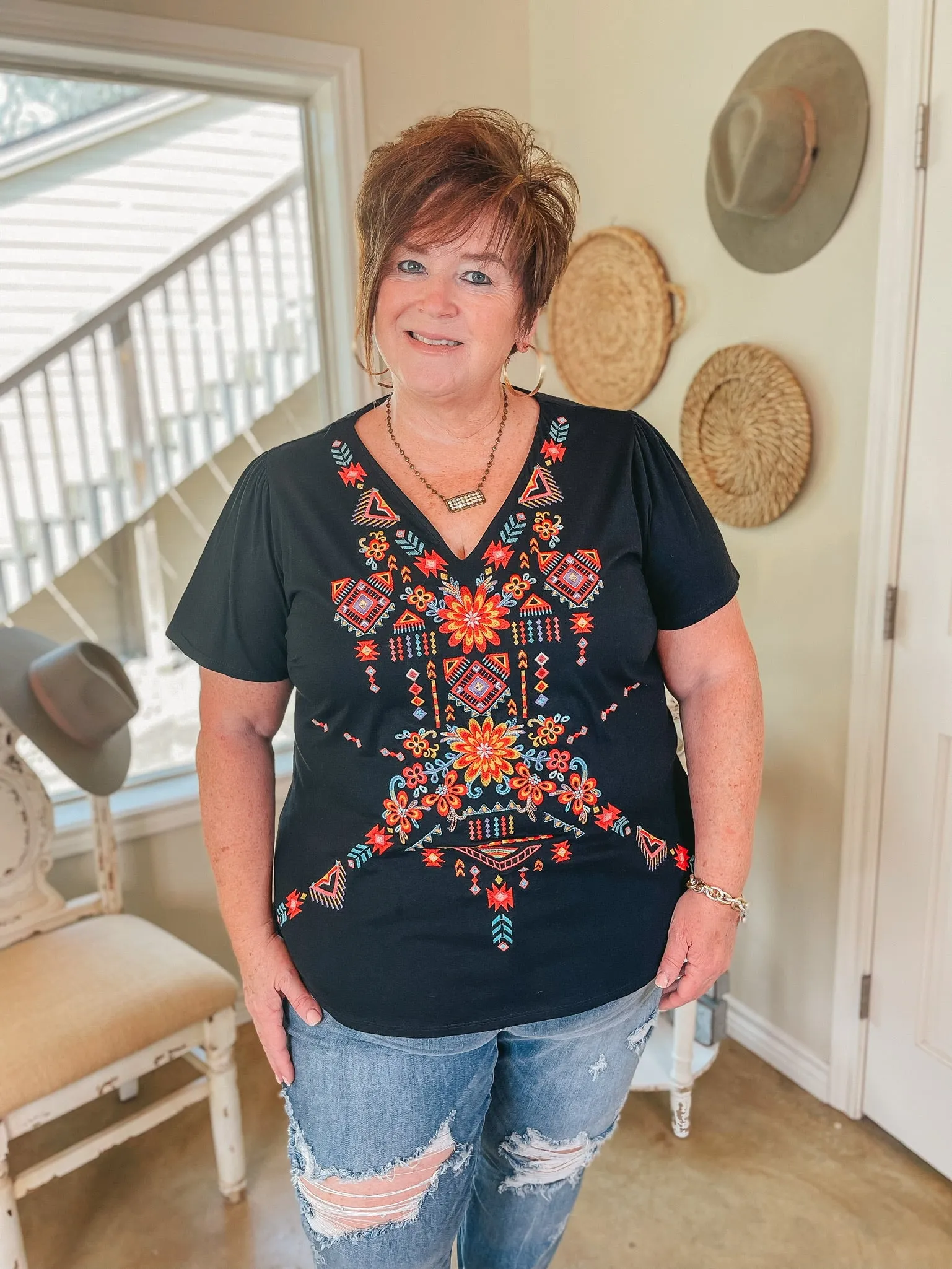 Last Chance Size Small & Medium | Southwest Senorita Embroidered Short Sleeve V Neck Top in Black