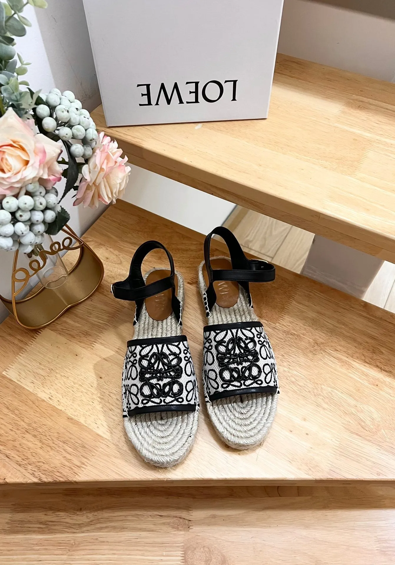 Loew Anagram Black logo White Black Beige Leather And Canvas Espadrille Sandals