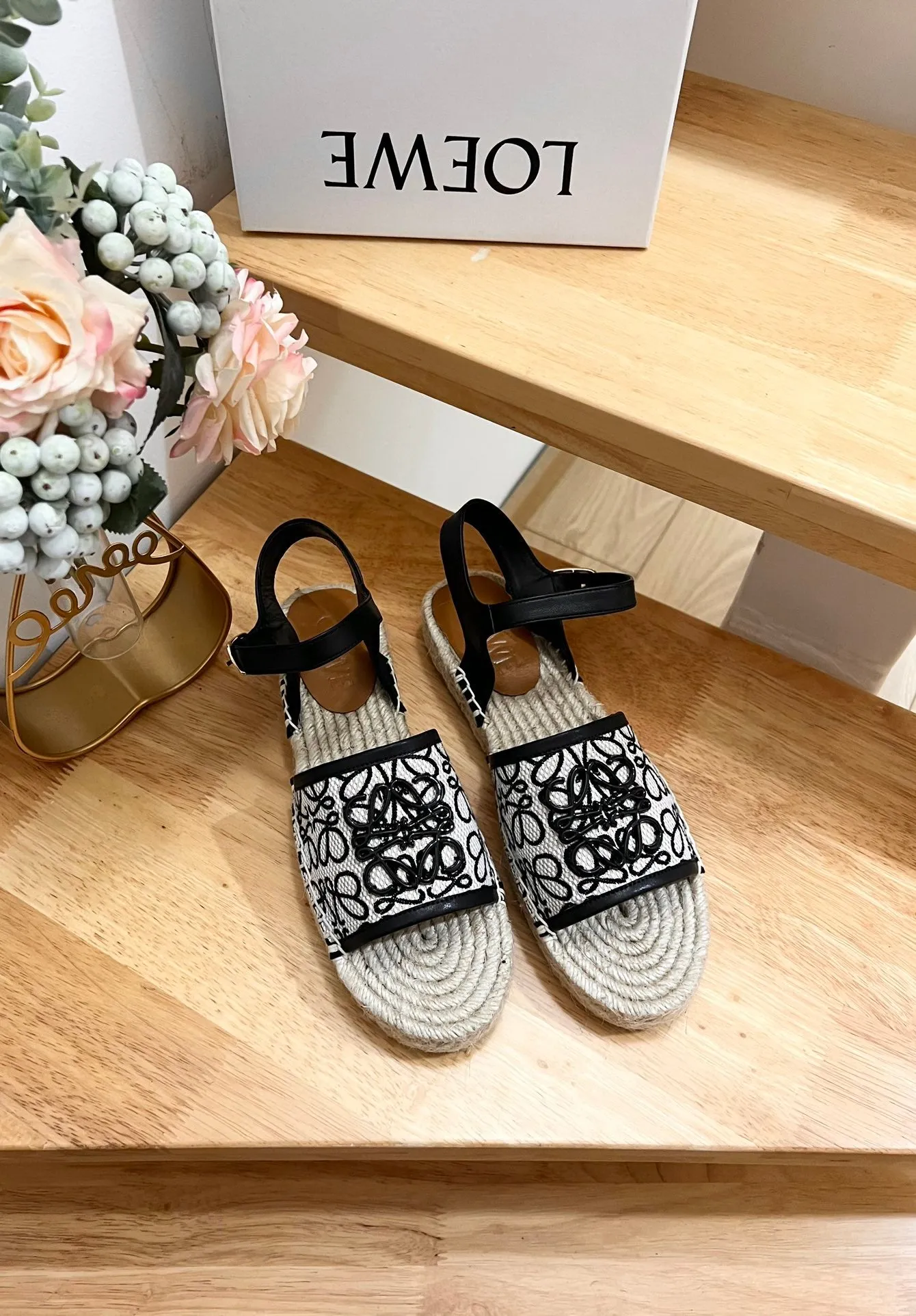 Loew Anagram Black logo White Black Beige Leather And Canvas Espadrille Sandals