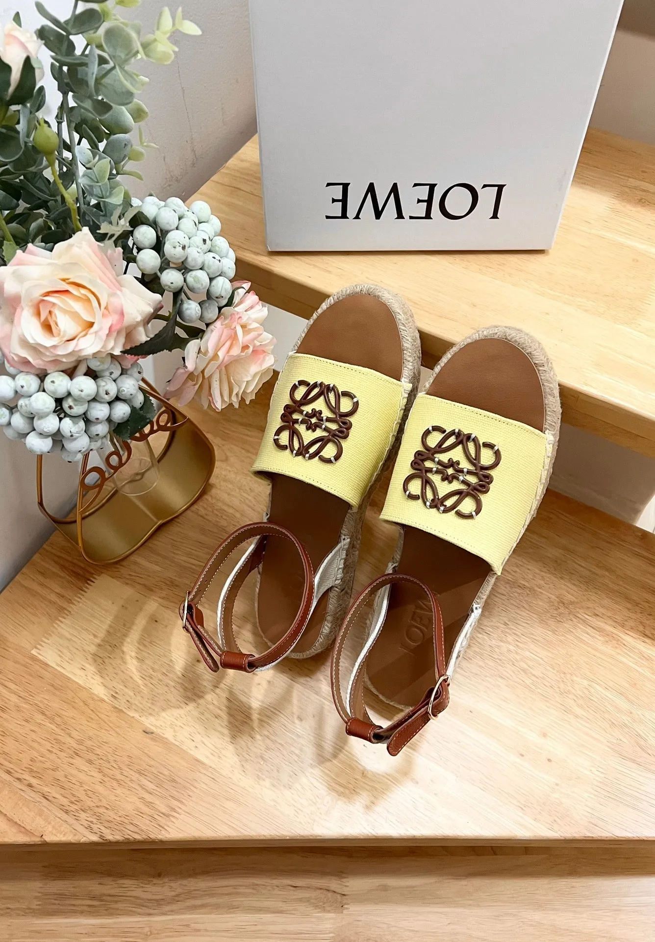 Loew Anagram Yellow Brown Leather And Canvas Espadrille Sandals