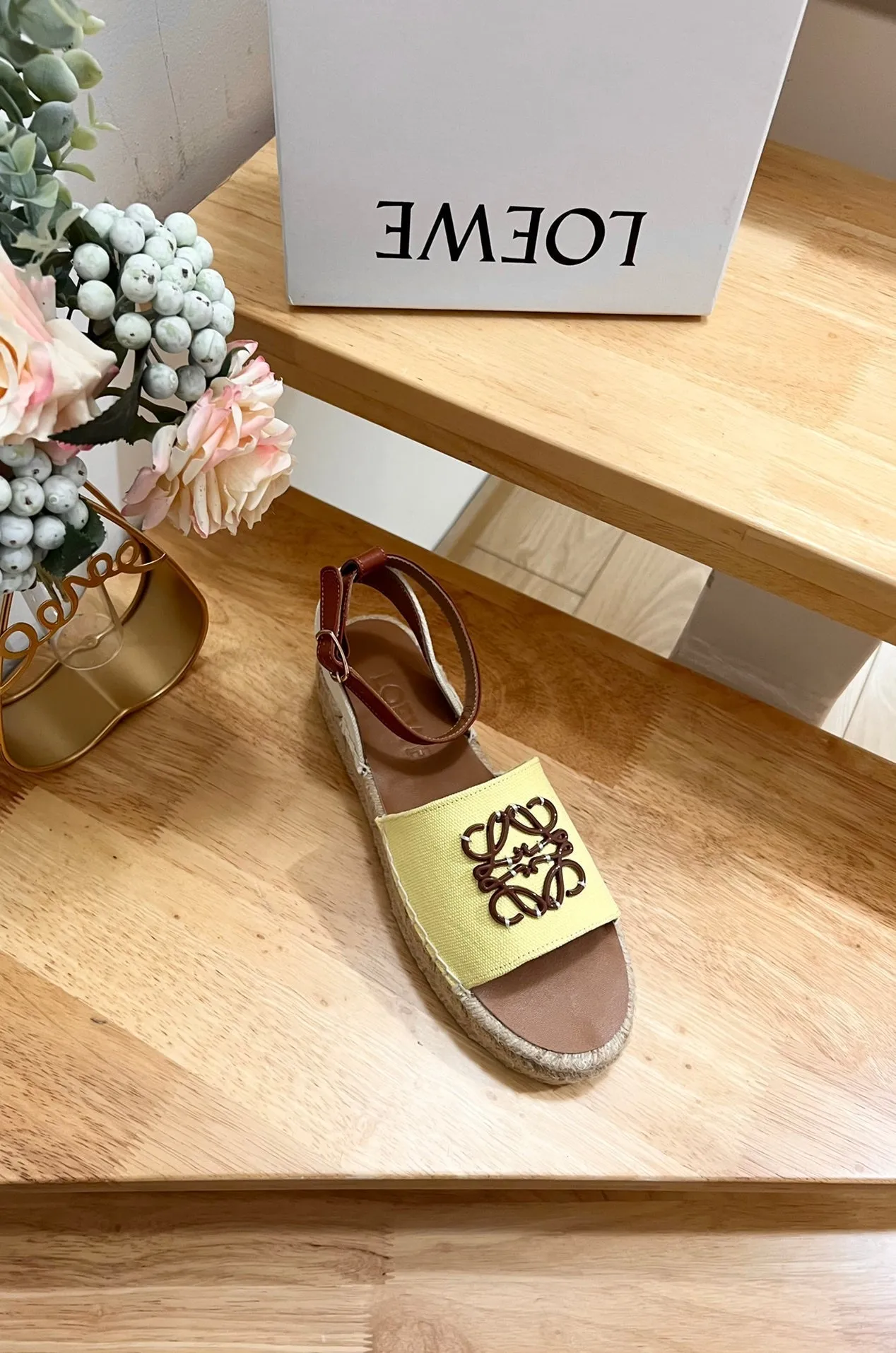 Loew Anagram Yellow Brown Leather And Canvas Espadrille Sandals