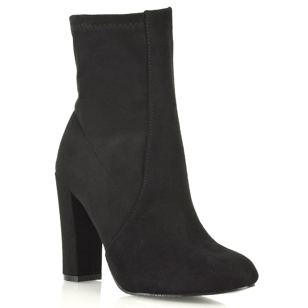 Margot Block High Heeled Zip-up Sock Ankle Boots in Black Faux Suede