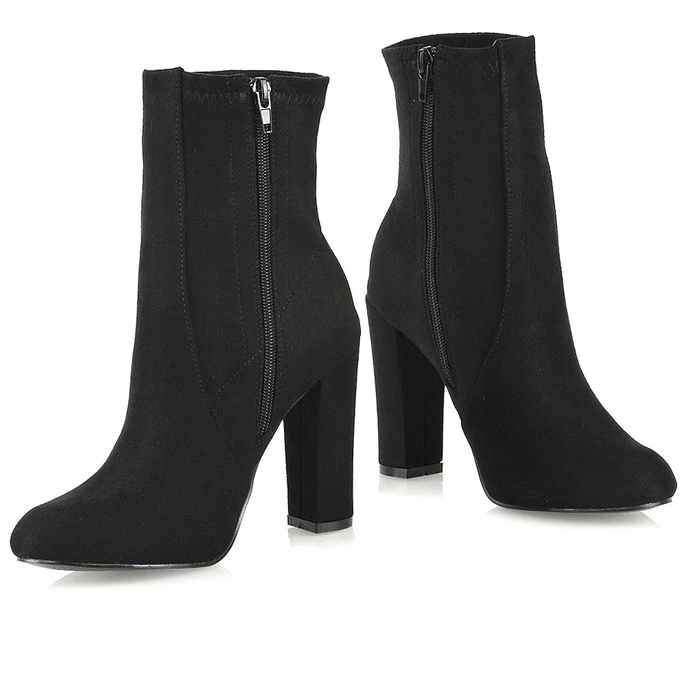 Margot Block High Heeled Zip-up Sock Ankle Boots in Black Faux Suede