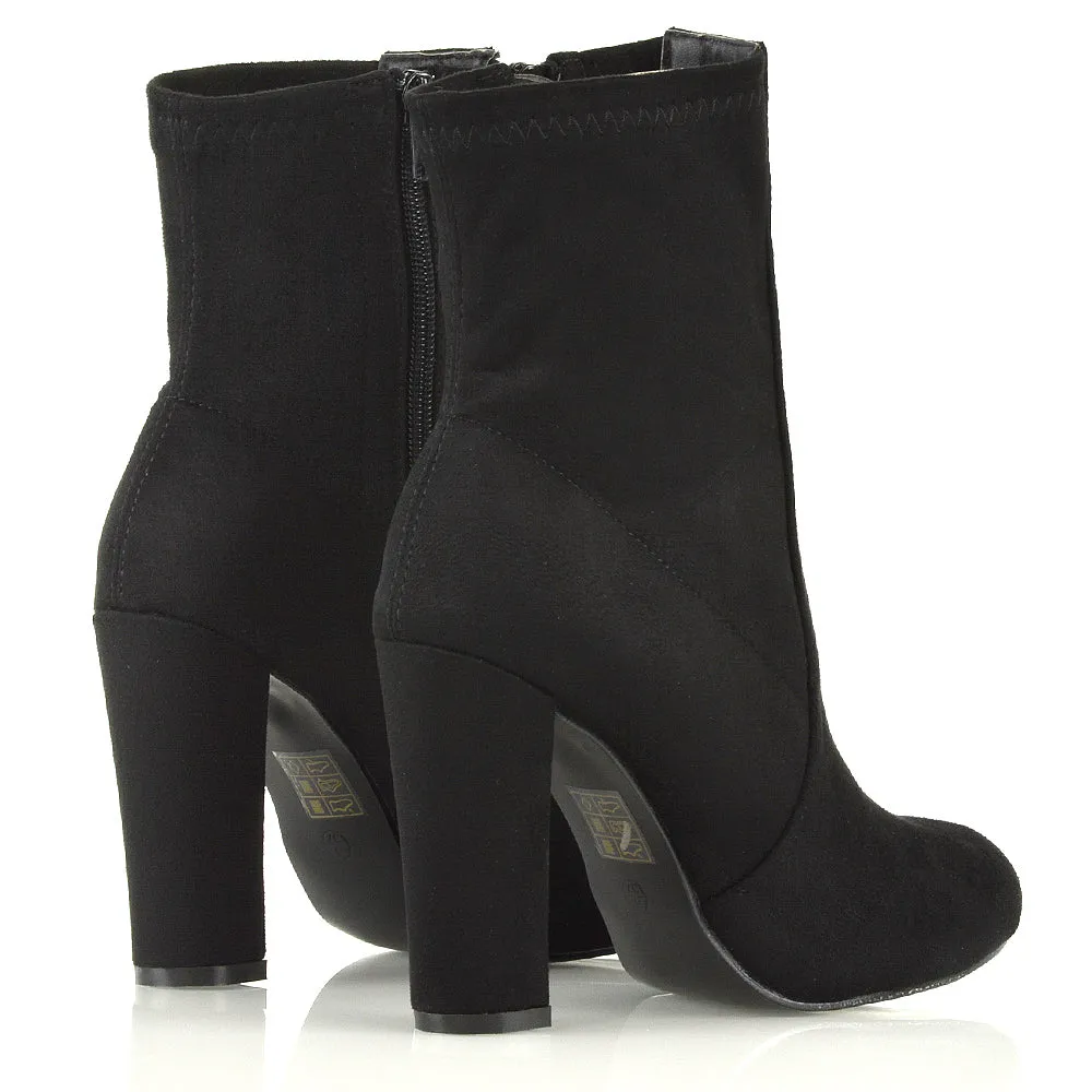 Margot Block High Heeled Zip-up Sock Ankle Boots in Black Faux Suede