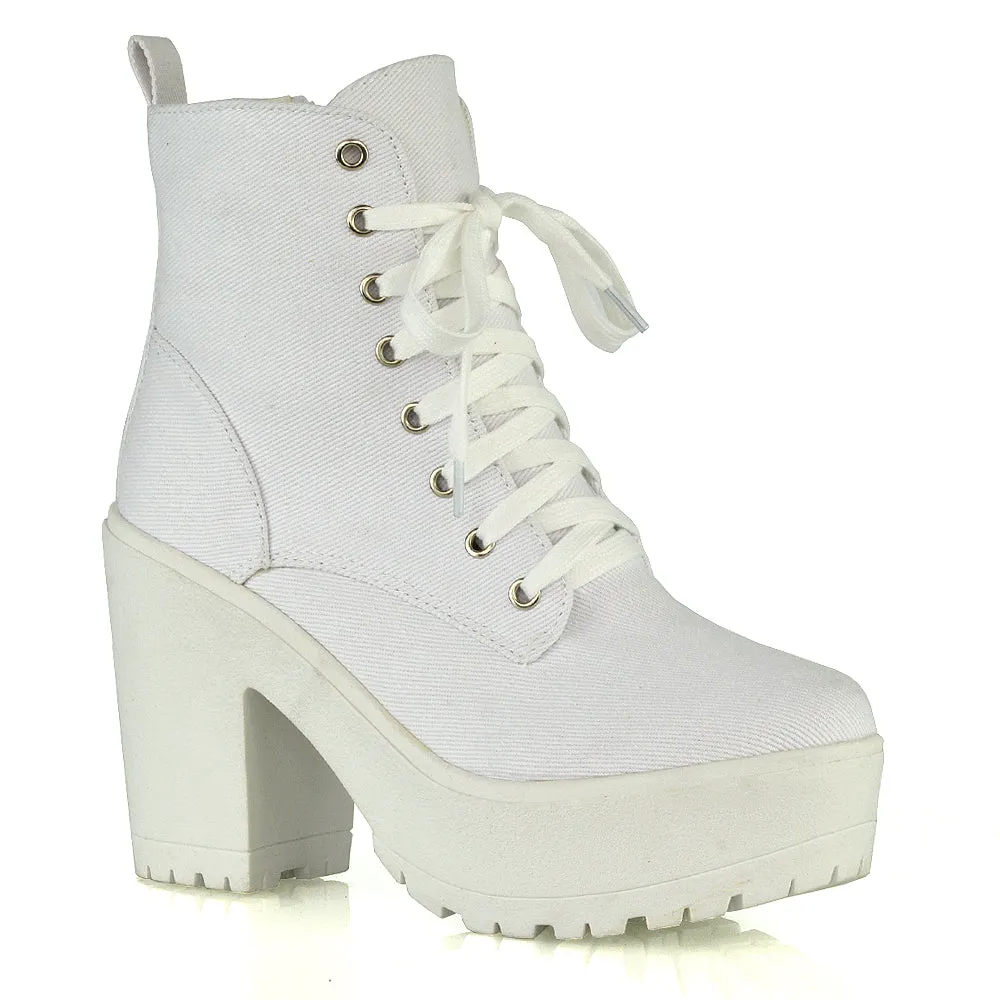 Merida Lace up Chunky Platform Block High Heel Ankle Boots in White