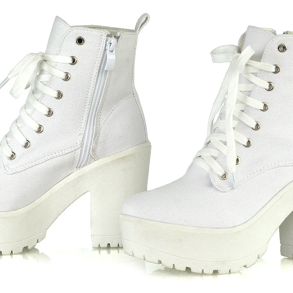 Merida Lace up Chunky Platform Block High Heel Ankle Boots in White