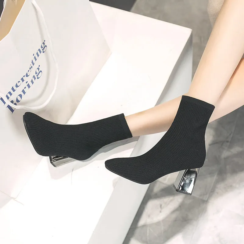 Metal Blade Heels Socks Boots Women Stretch Fabric Elastic Stilettos Heel