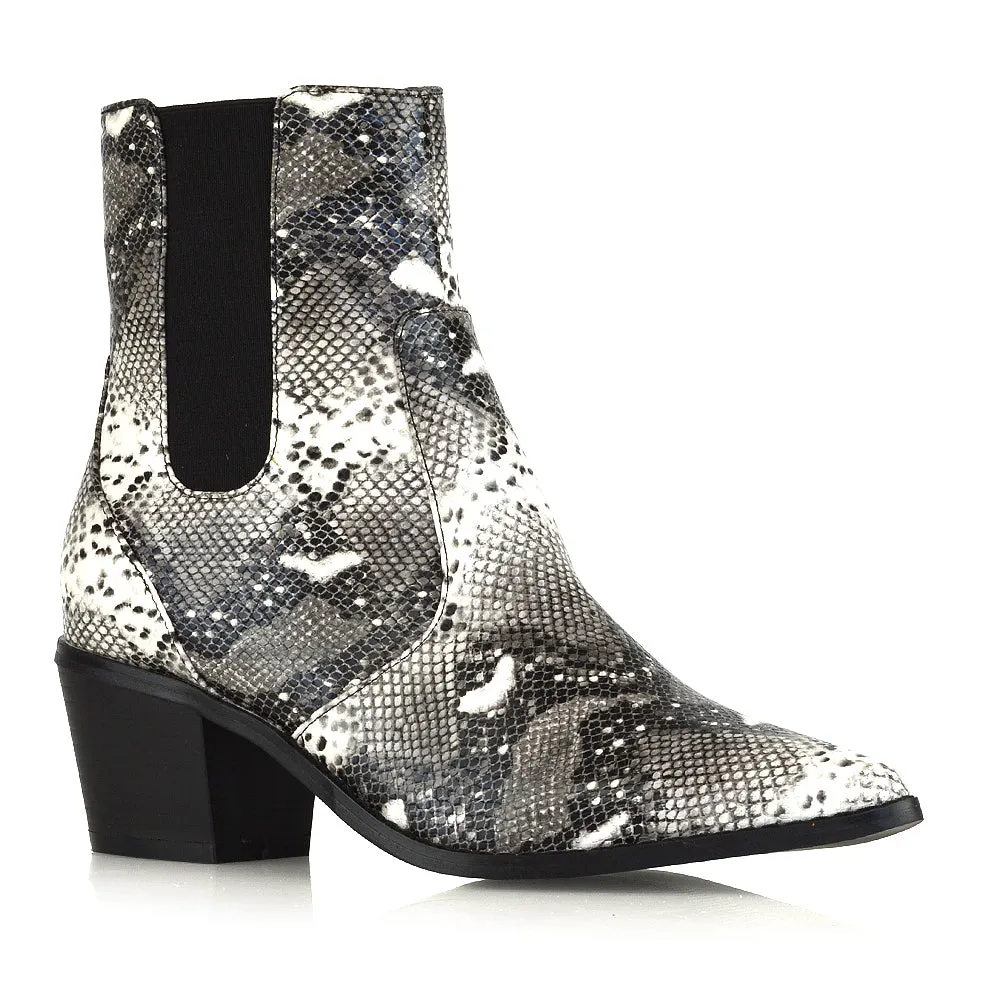 Nola Mid-Block Heel Pointed Toe Cowboy Ankle Boots in Multi Snake